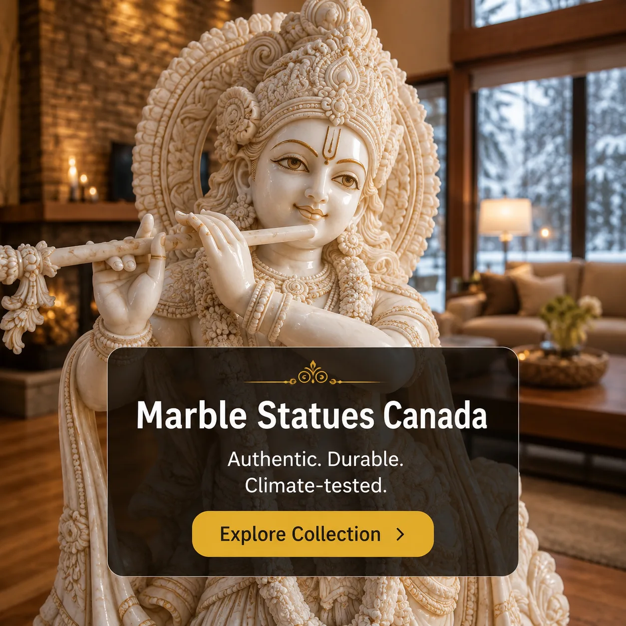 "Close-up of intricately carved marble statue with detailed jewelry and expressive features in warm Canadian home setting, showcasing premium hand-carved marble sculpture craftsmanship"