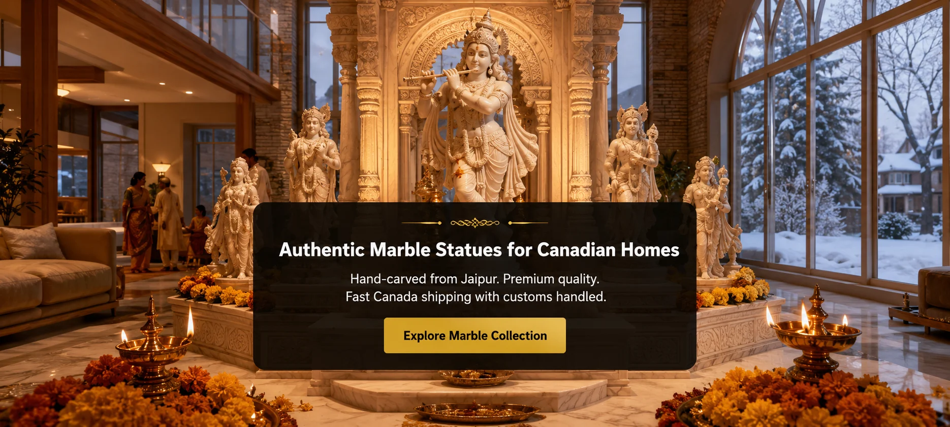 "Authentic hand-carved white marble Krishna statue displayed in contemporary Canadian home interior with warm golden lighting, traditional oil lamps, and fresh flowers, featuring marble idols and marble statues with winter landscape visible through windows"