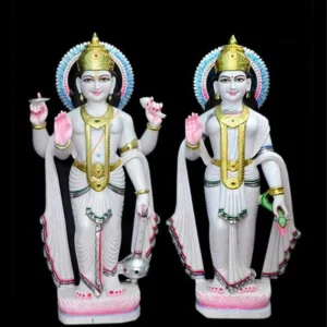Laxmi Narayan Ji white marble statue pair with gold crown and traditional ornaments for home temple and mandir decor
