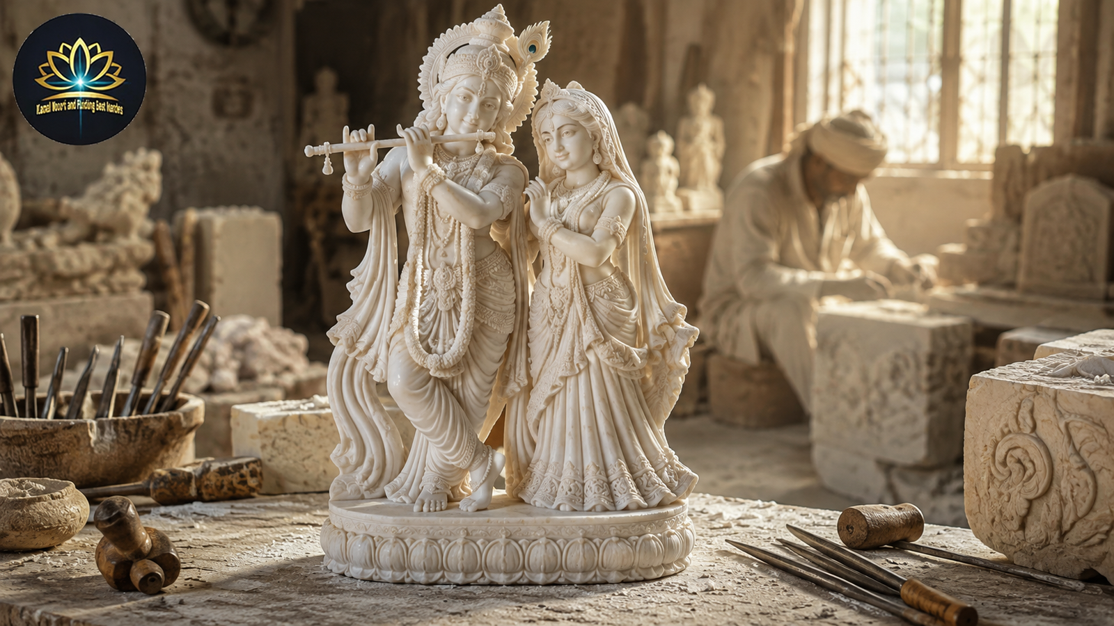 Radha Krishna marble statue pair