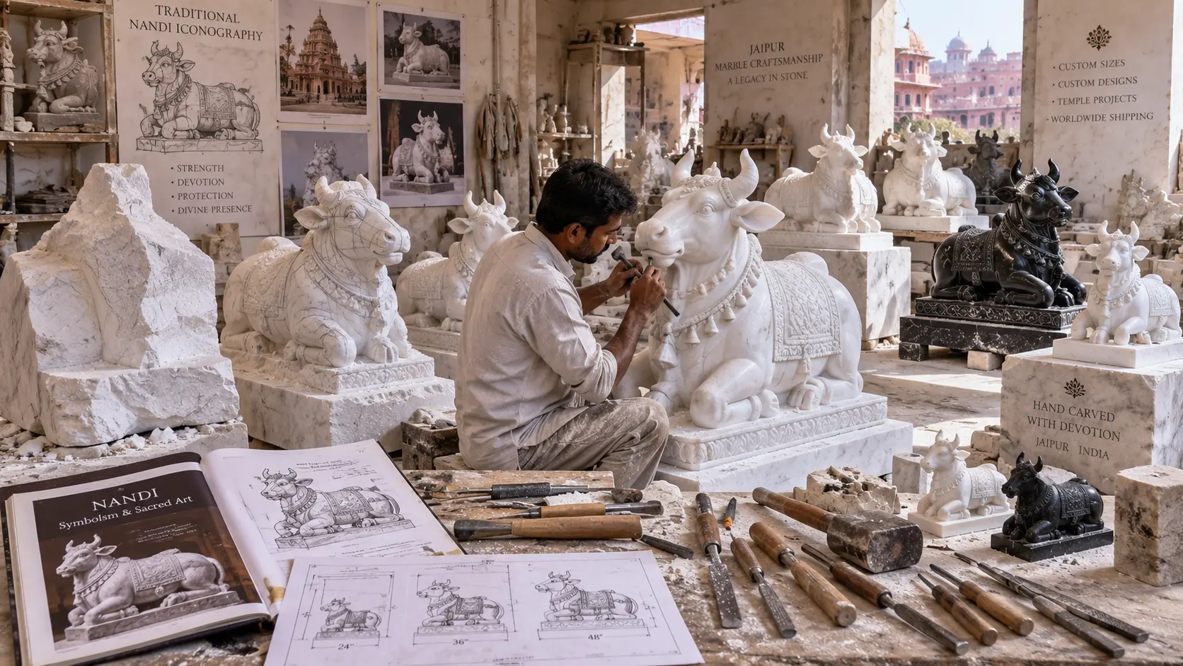 Marble Nandi Statues Sacred Bull Symbolism and Placement for American Temples