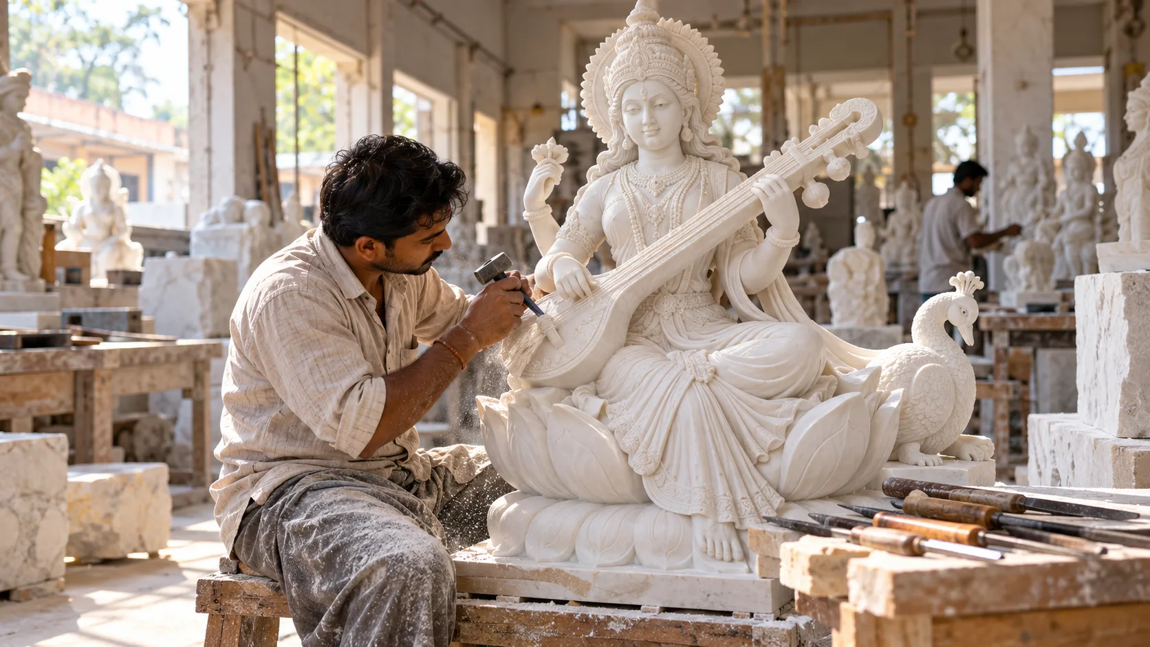 Saraswati Marble Statue Manufacturing Boston Kamal Moorti
