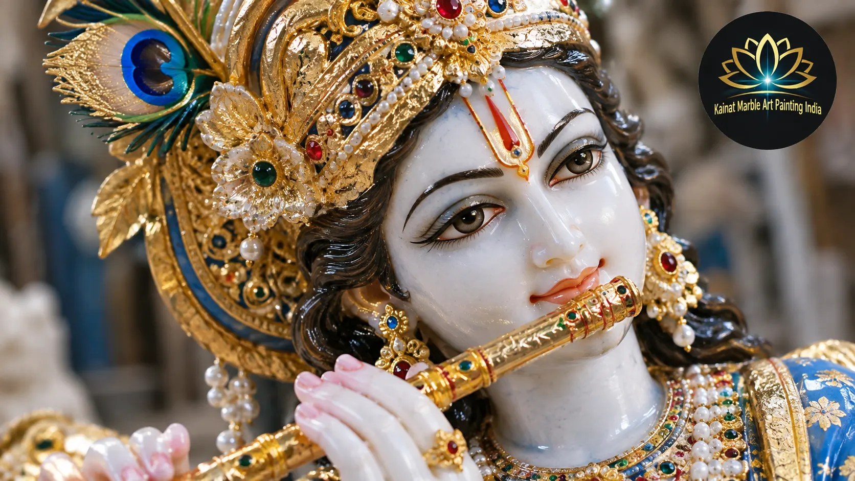 Hand Painted Marble Krishna Statues: Colors and Artistic Detailing 2 painted Krishna statue