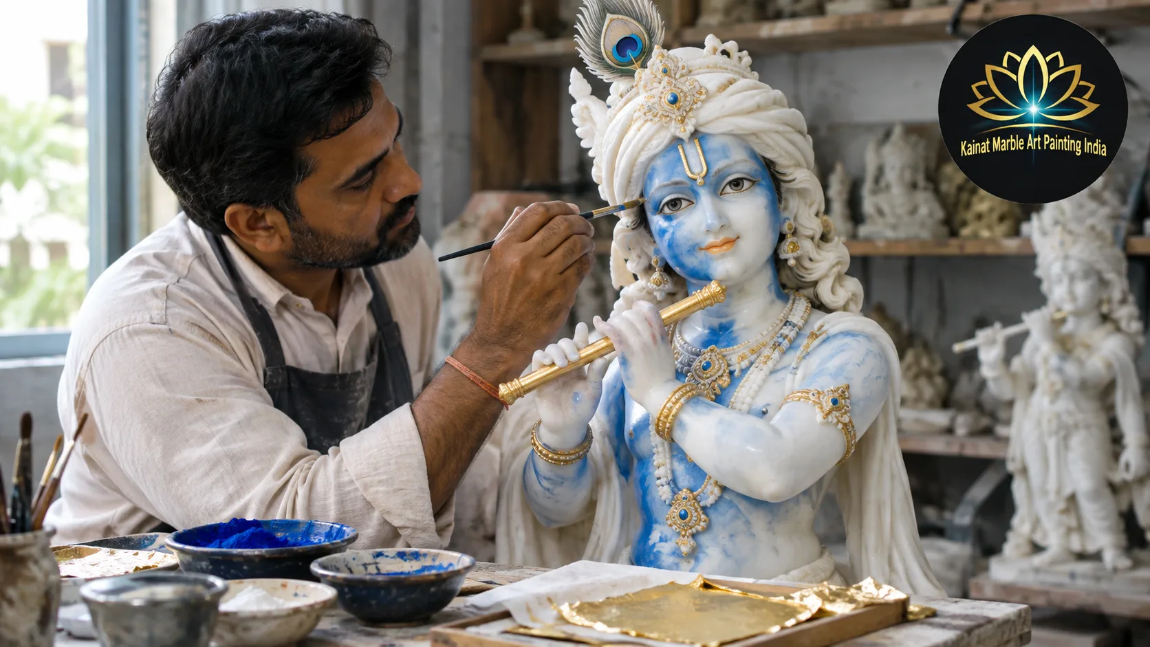Hand Painted Marble Krishna Statues: Colors and Artistic Detailing 2 painted Krishna statue