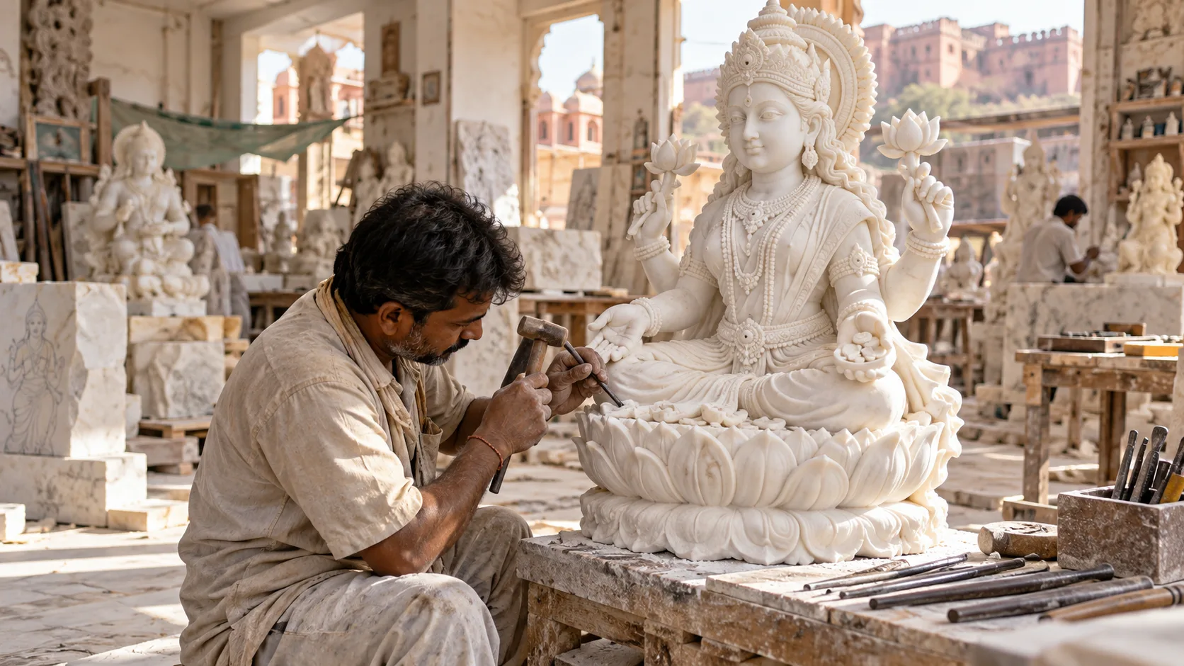 Lakshmi Marble Statue Manufacturing Miami Kamal Moorti